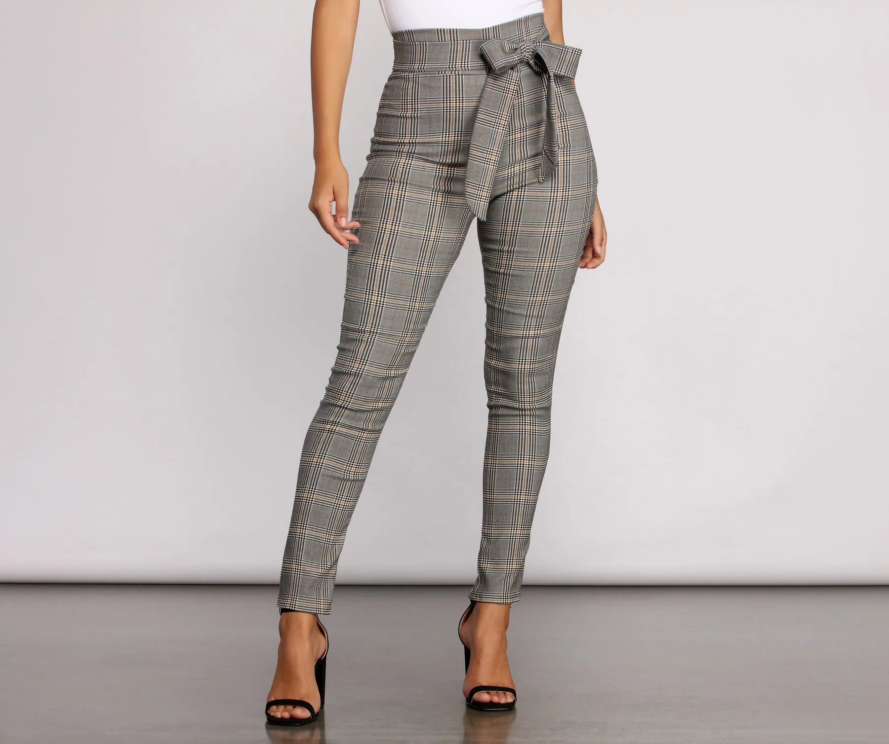 Poised In Plaid Tie Waist Skinny Pants