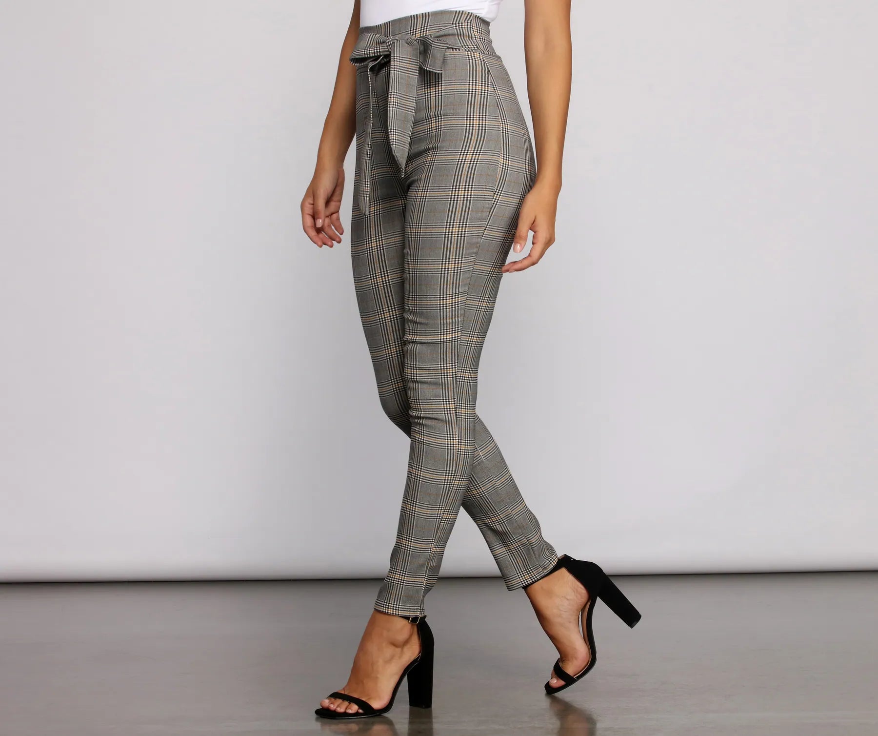 Poised In Plaid Tie Waist Skinny Pants