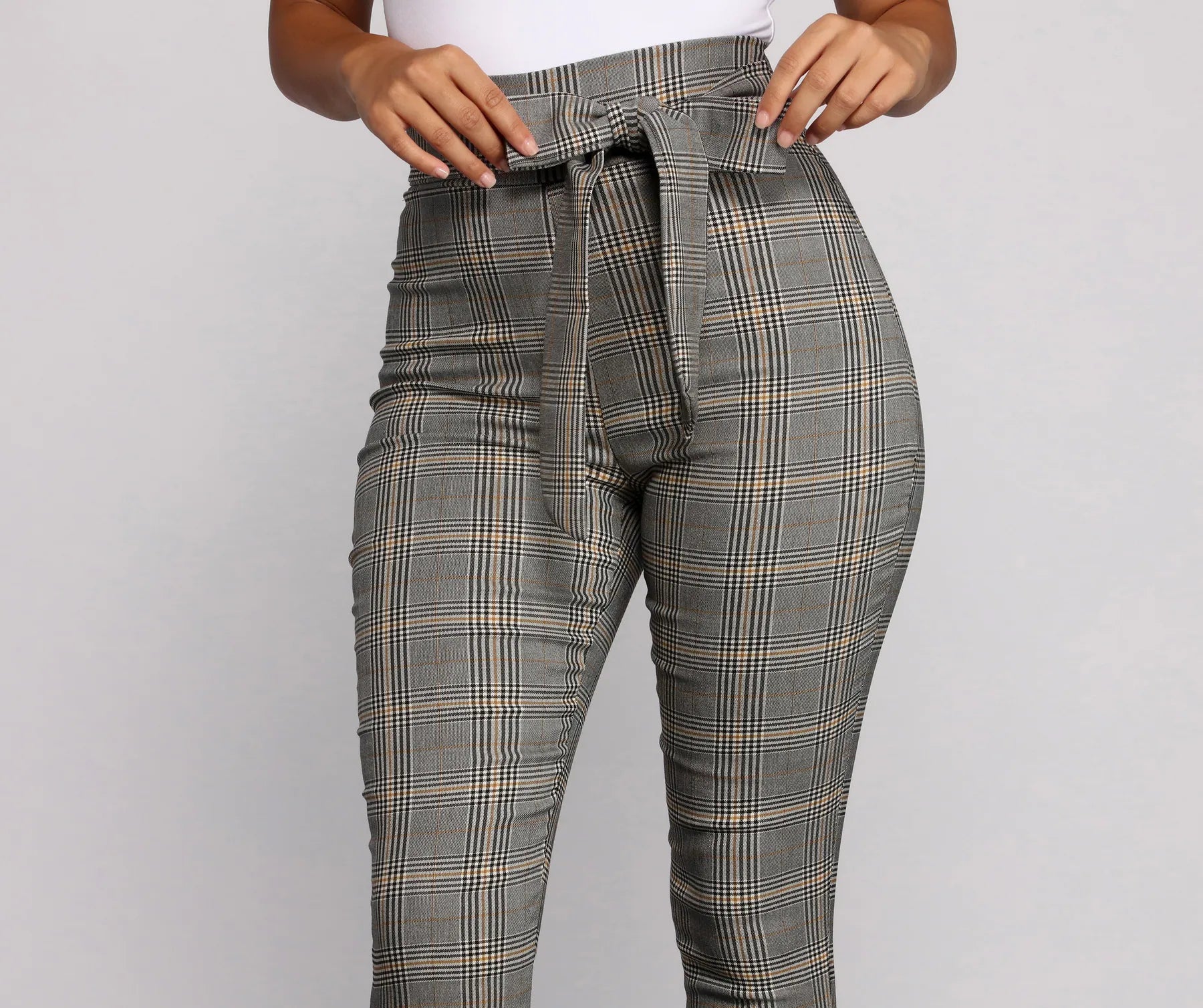 Poised In Plaid Tie Waist Skinny Pants