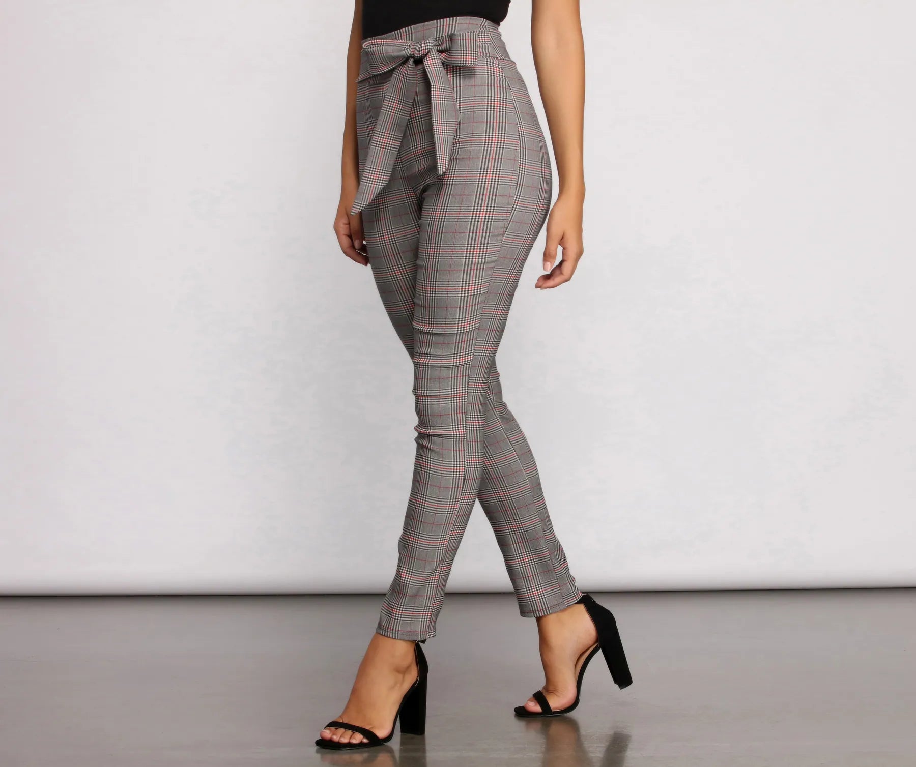 Poised In Plaid Tie Waist Skinny Pants