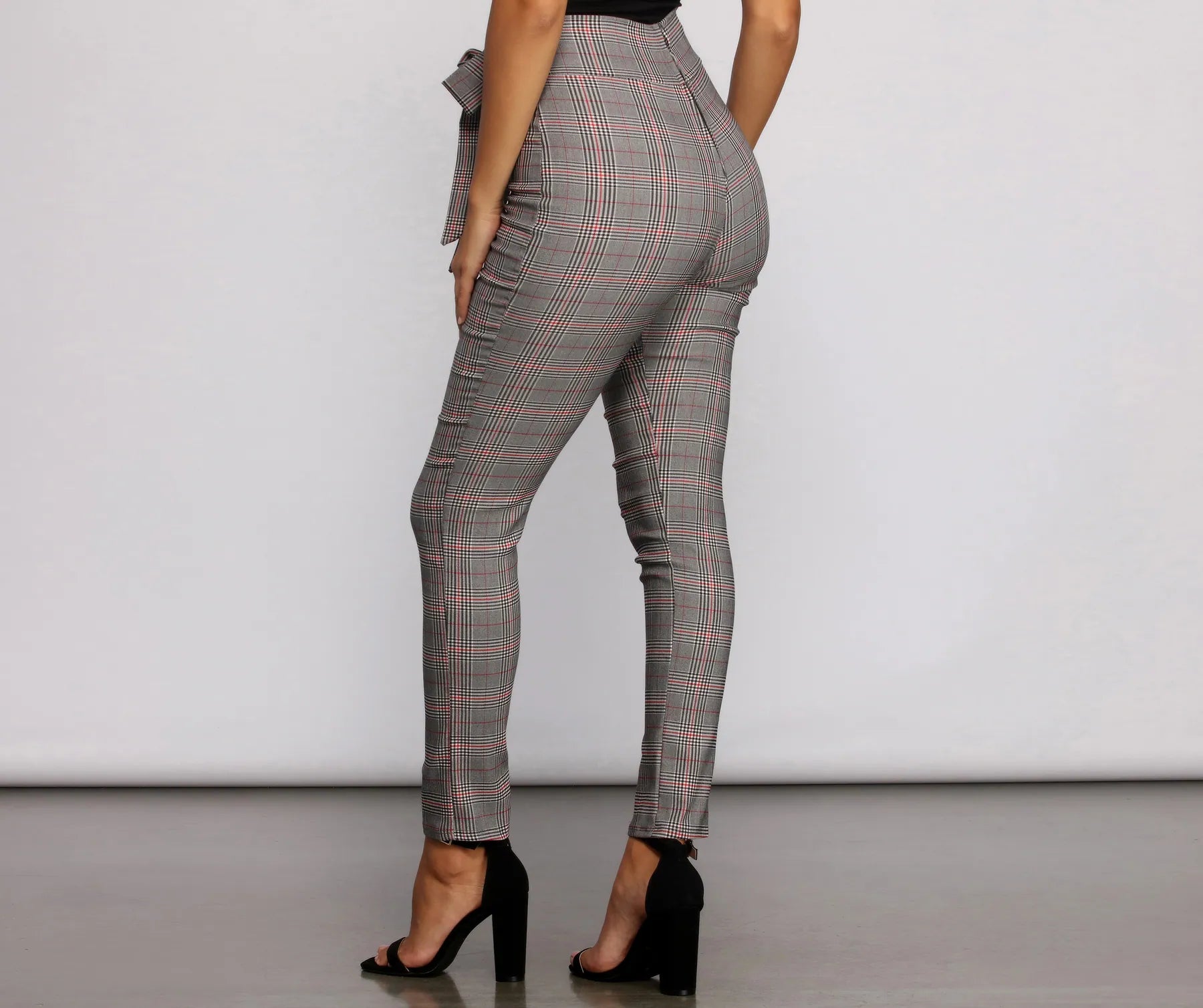 Poised In Plaid Tie Waist Skinny Pants