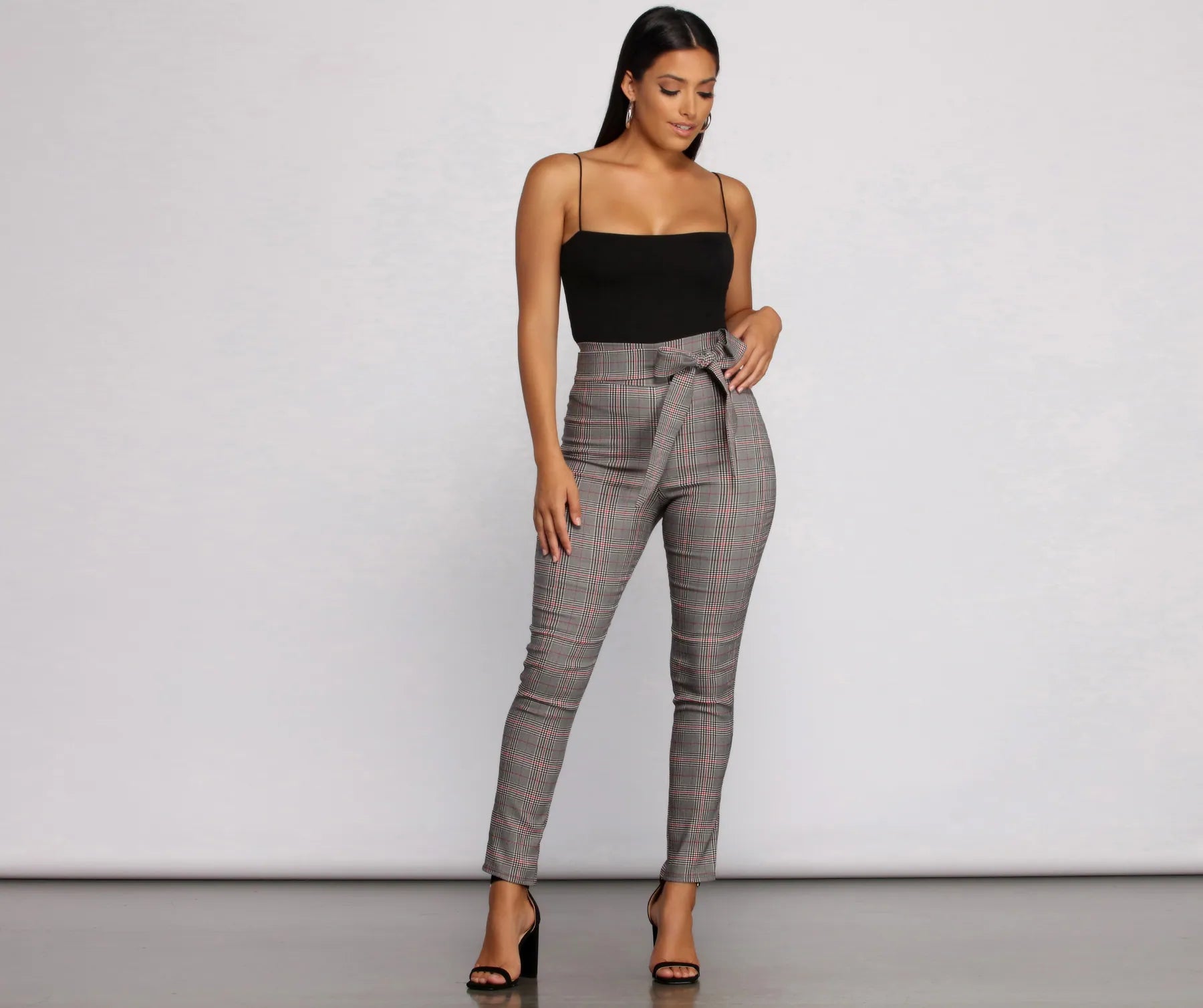 Poised In Plaid Tie Waist Skinny Pants