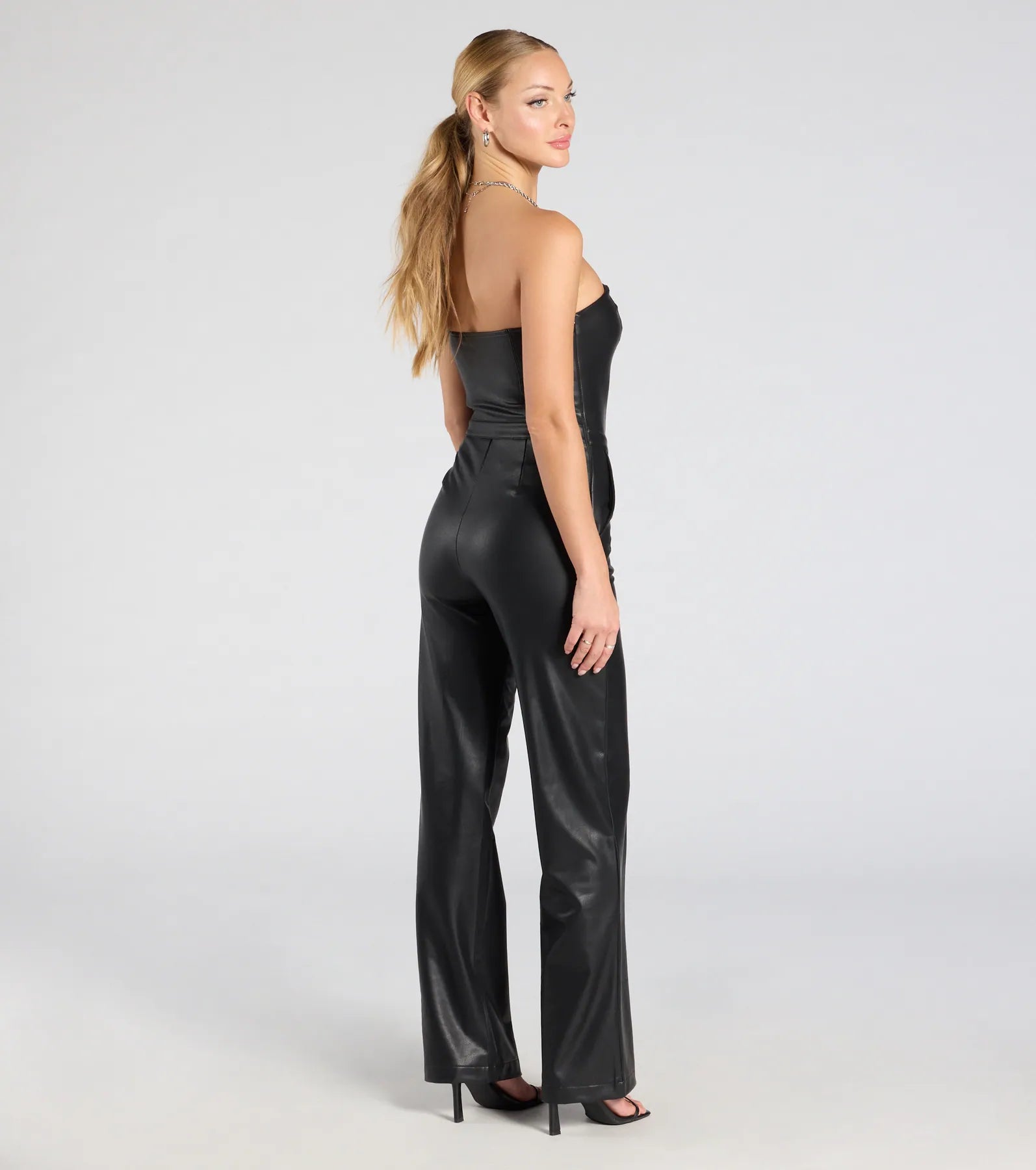 On The Low Strapless Wide-Leg Faux Leather Jumpsuit