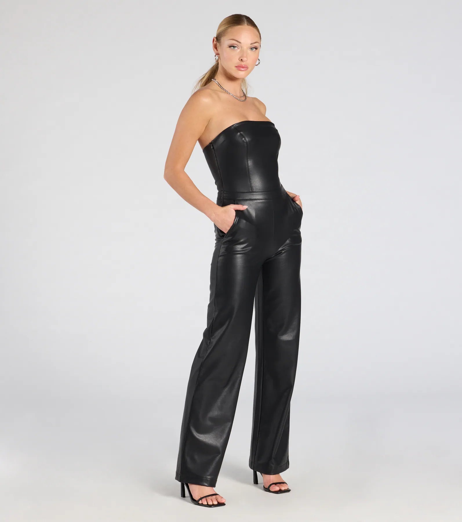 On The Low Strapless Wide-Leg Faux Leather Jumpsuit