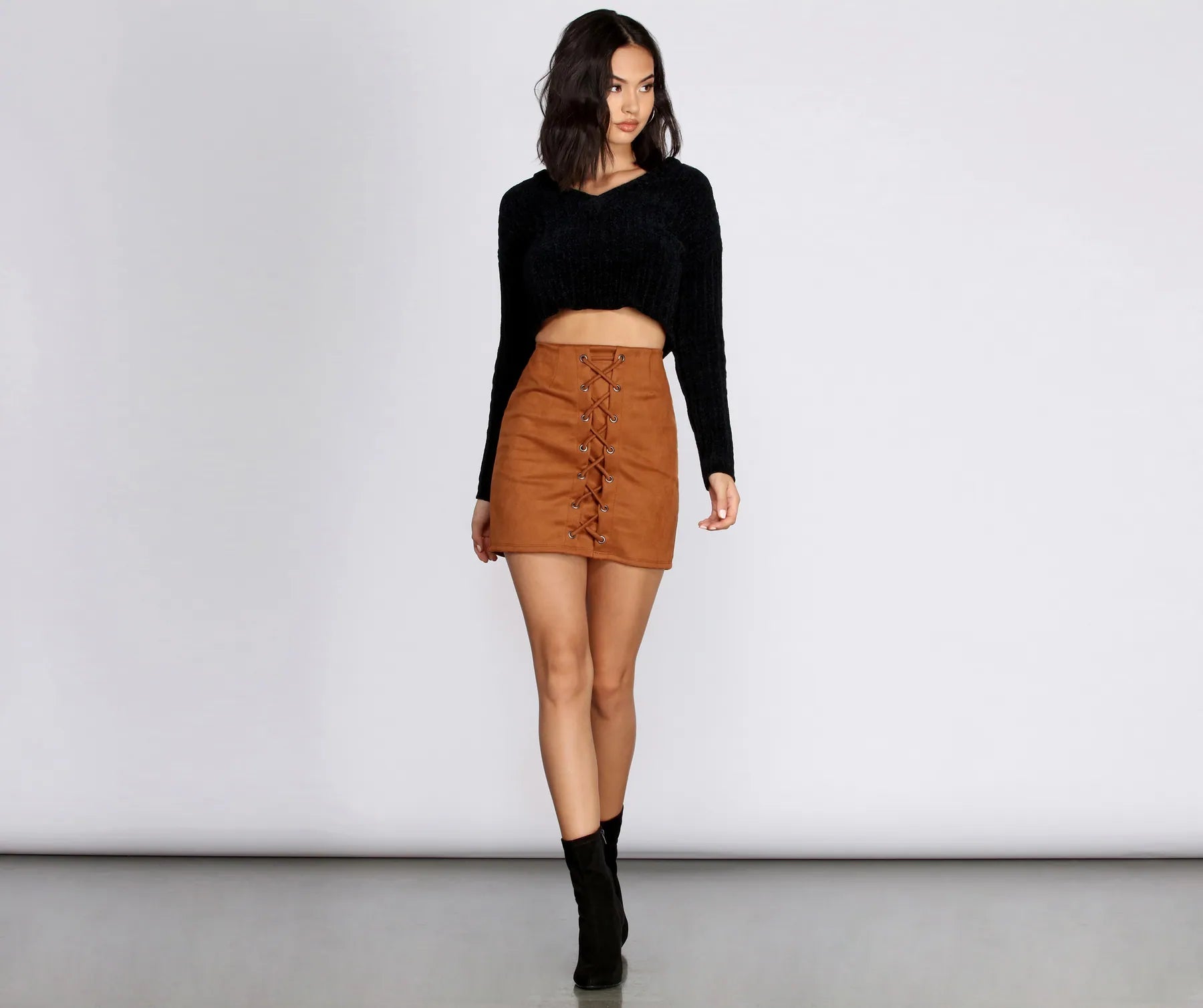 Faux Suede Lace Up Mini Skirt