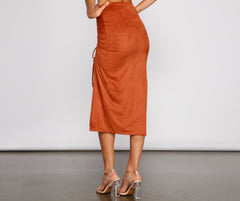 Faux Suede High Waist Ruched Midi Skirt