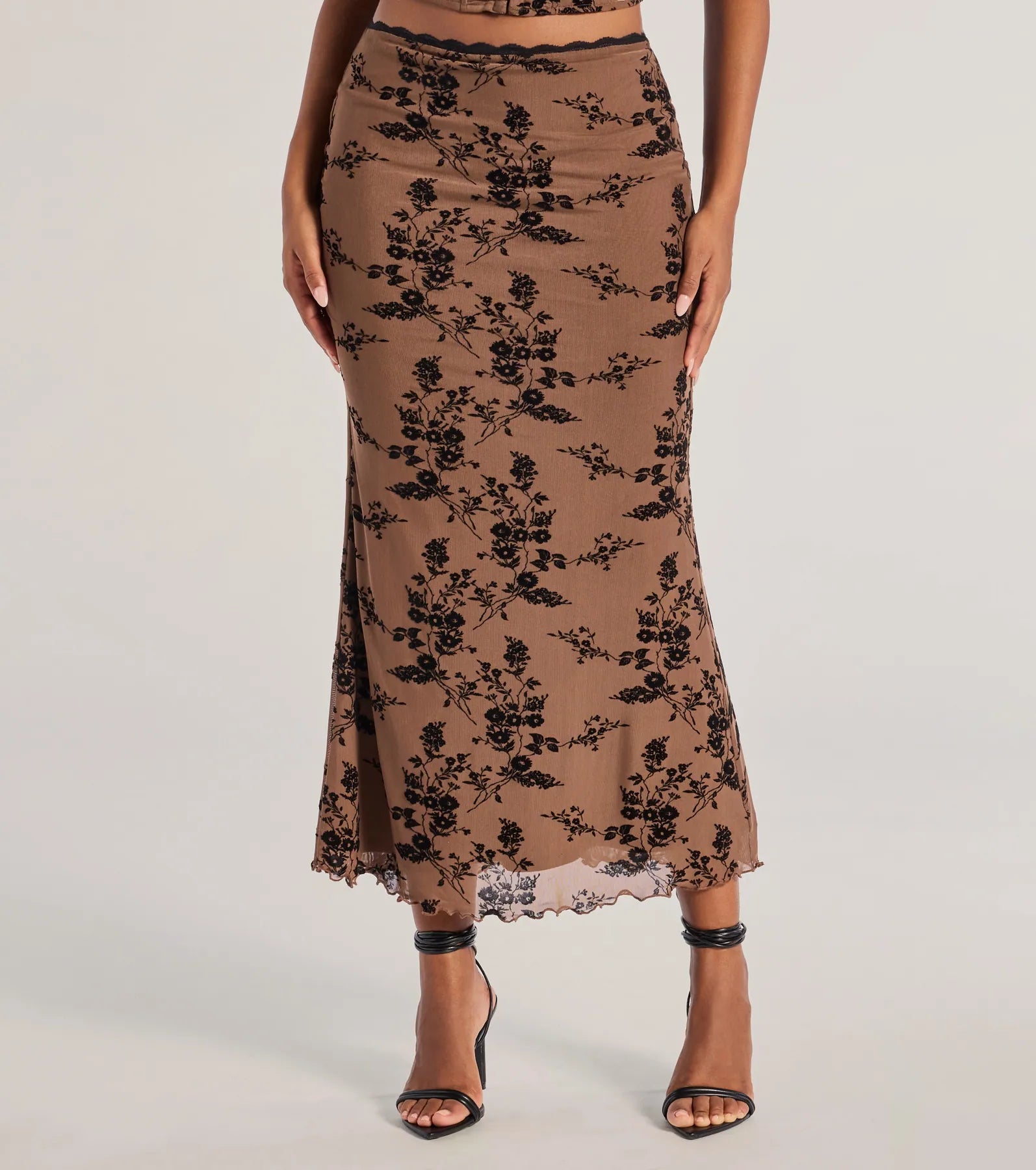 Romantic Aura Flocked Floral Mesh Maxi Skirt