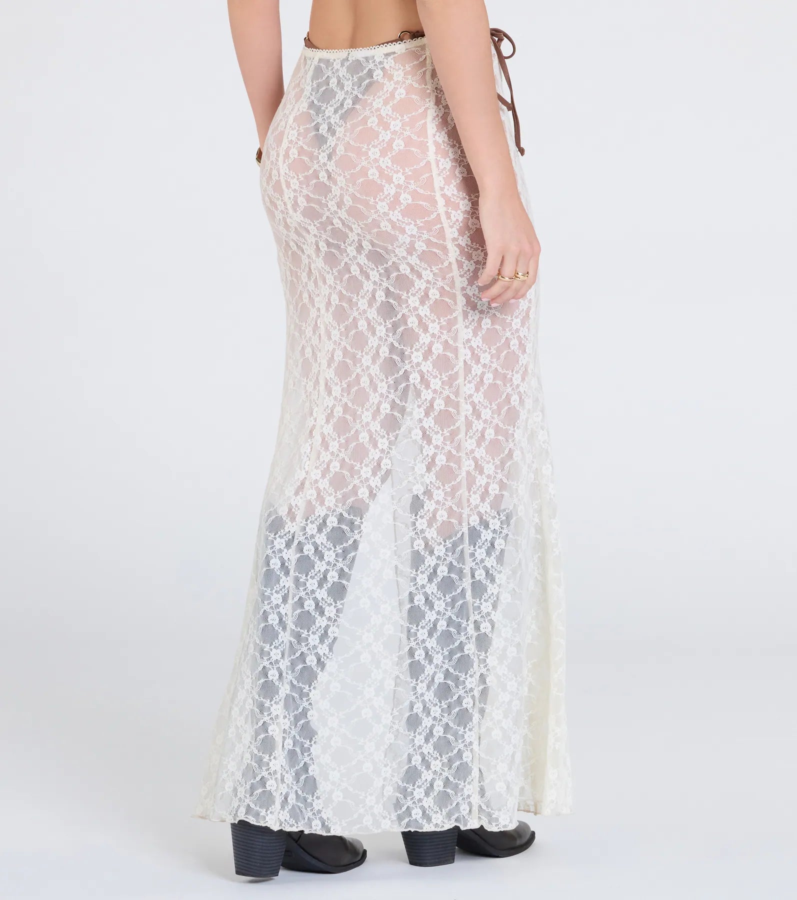 Sheer Romantic High-Rise Slit Lace Maxi Skirt
