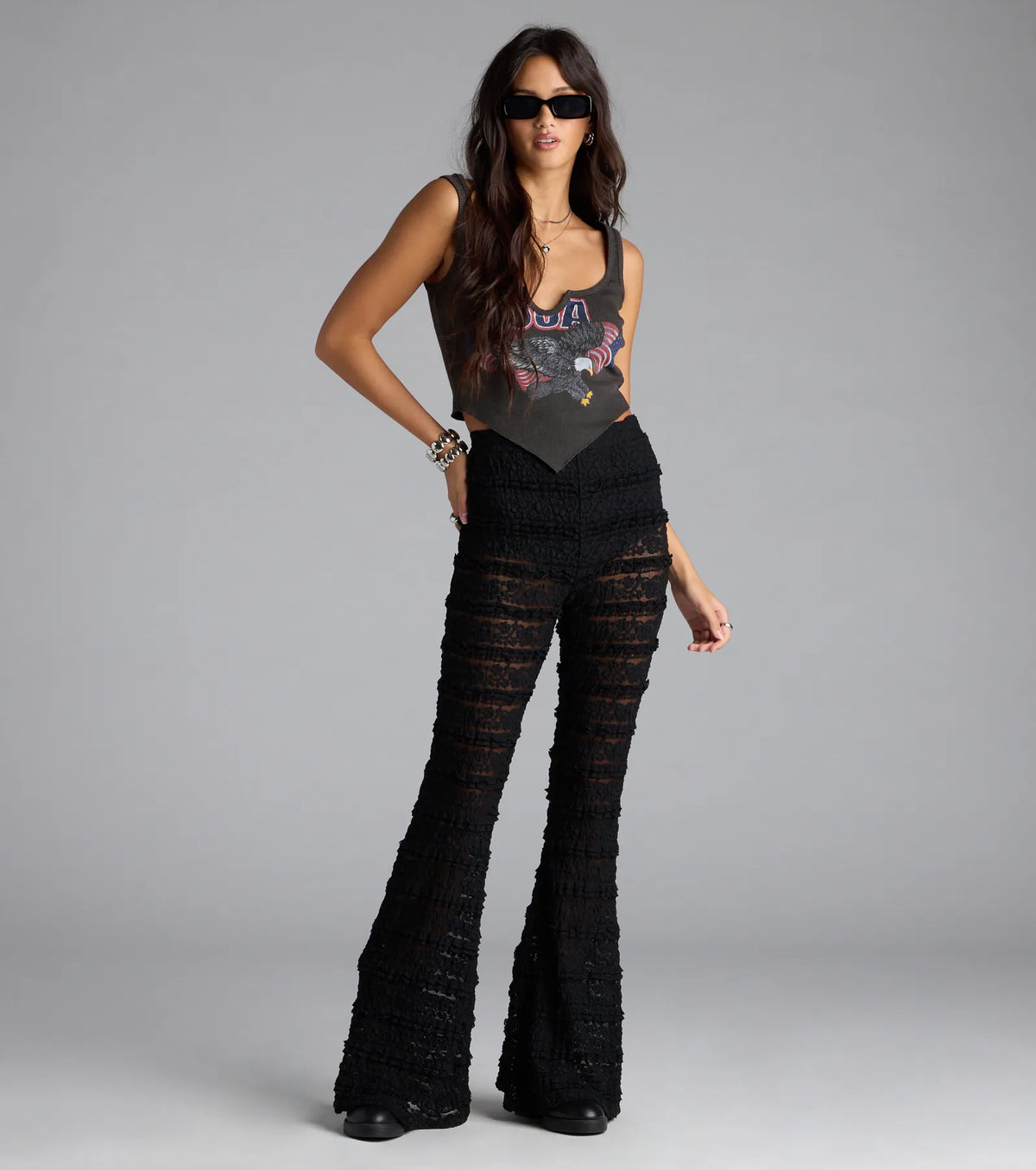 Make A Statement Sheer Lace Flare Pants