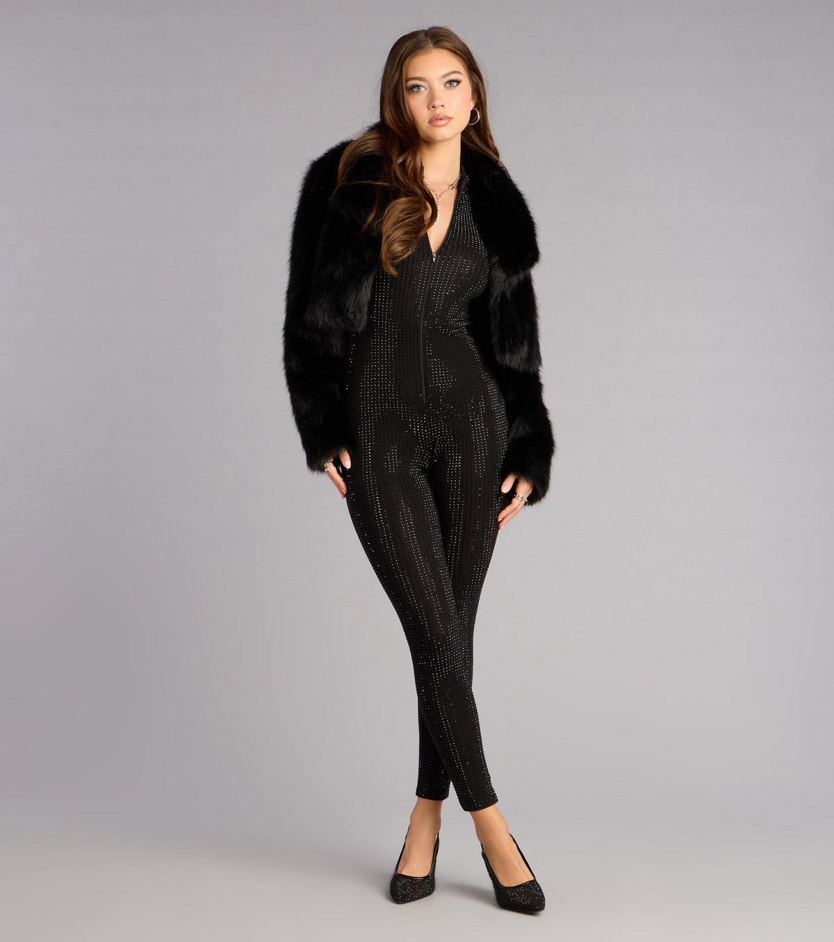 Shine On Rhinestone Zip-Up Jumpsuit