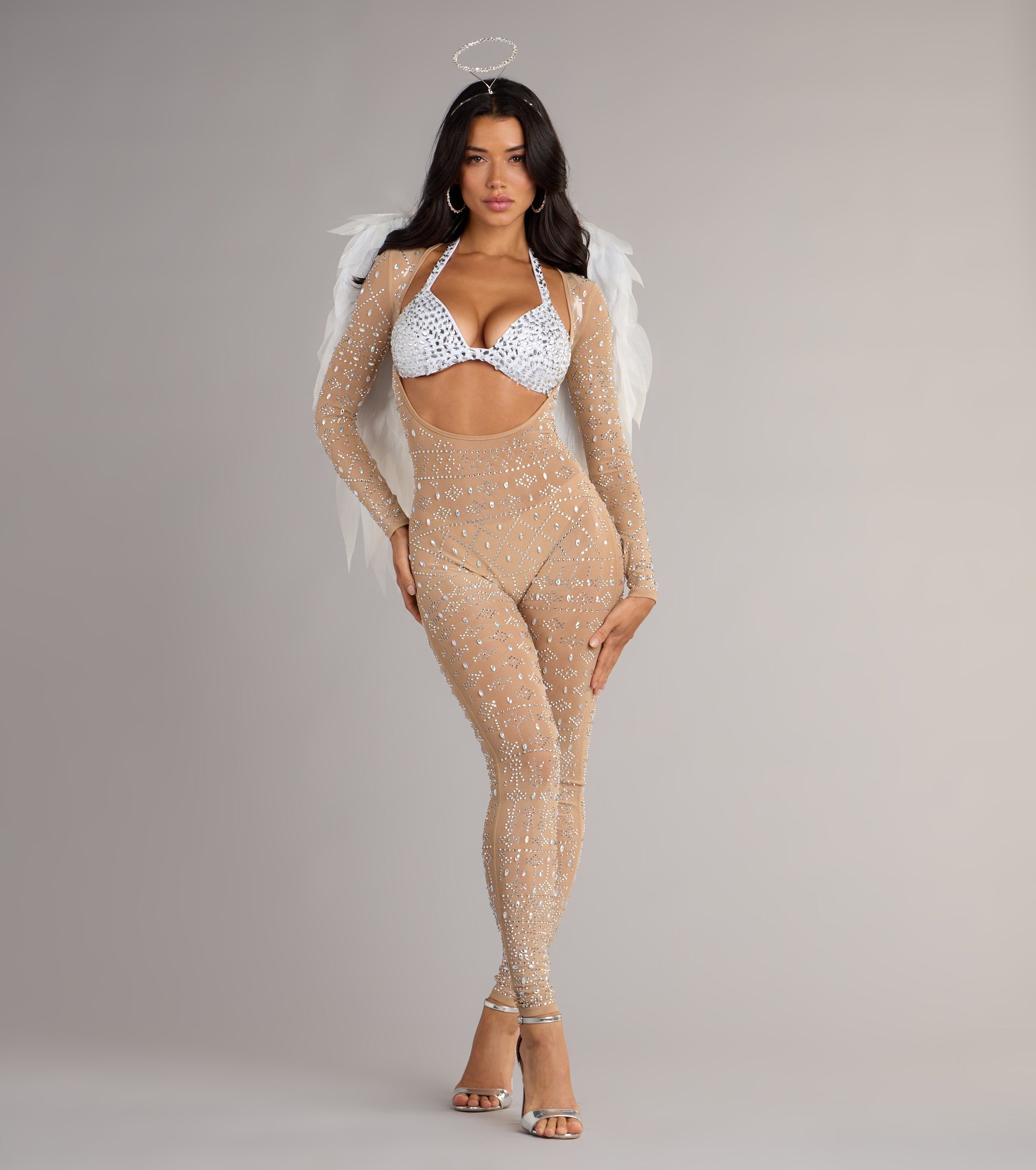 Iridescent Sparkle Rhinestone-Embellished Sheer Catsuit