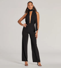 Chic Position Plunge Scarf Straight-Leg Jumpsuit