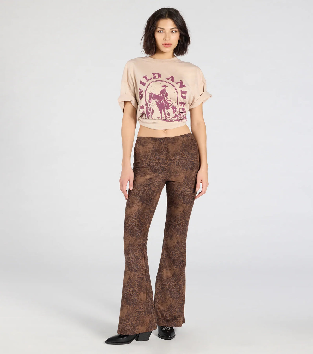 Sassy Trend Leopard Faux Suede Flare Pants