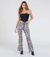 Slithering Impression Snake Print Sequin Flare Pants