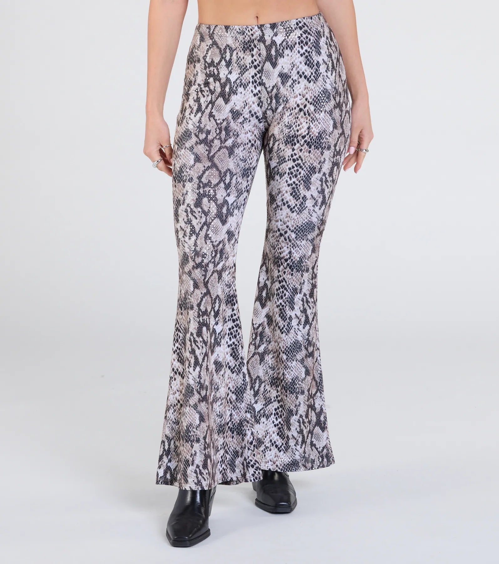 Slithering Impression Snake Print Sequin Flare Pants