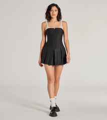 Chicest Look Pinstripe Pleated Drop Waist Romper