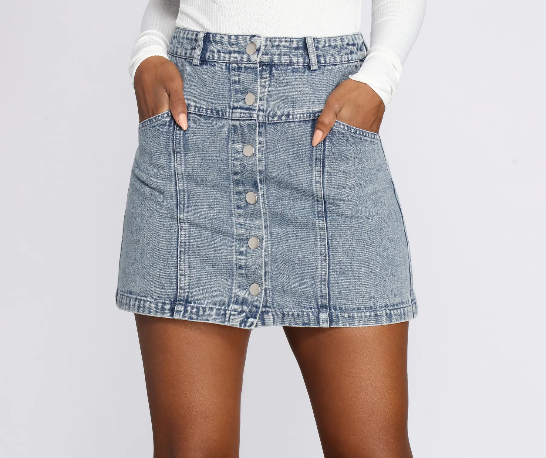 Babe Alert Button Front Jean Mini Skirt