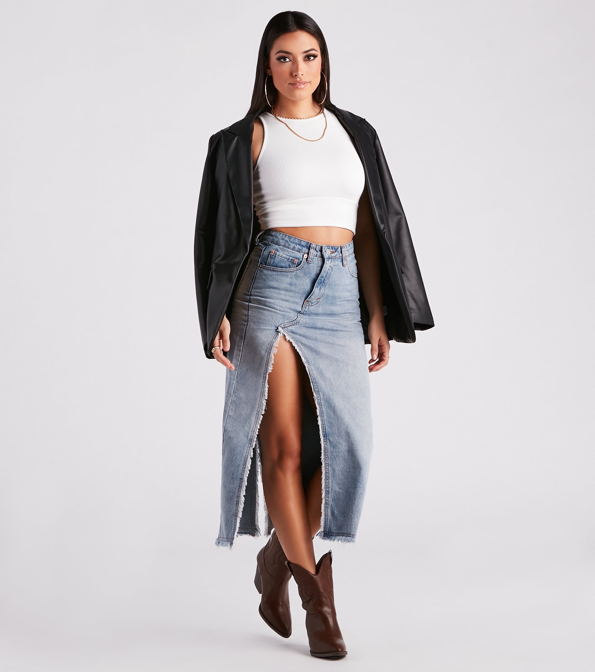 Babe In Denim High Slit Midi Skirt