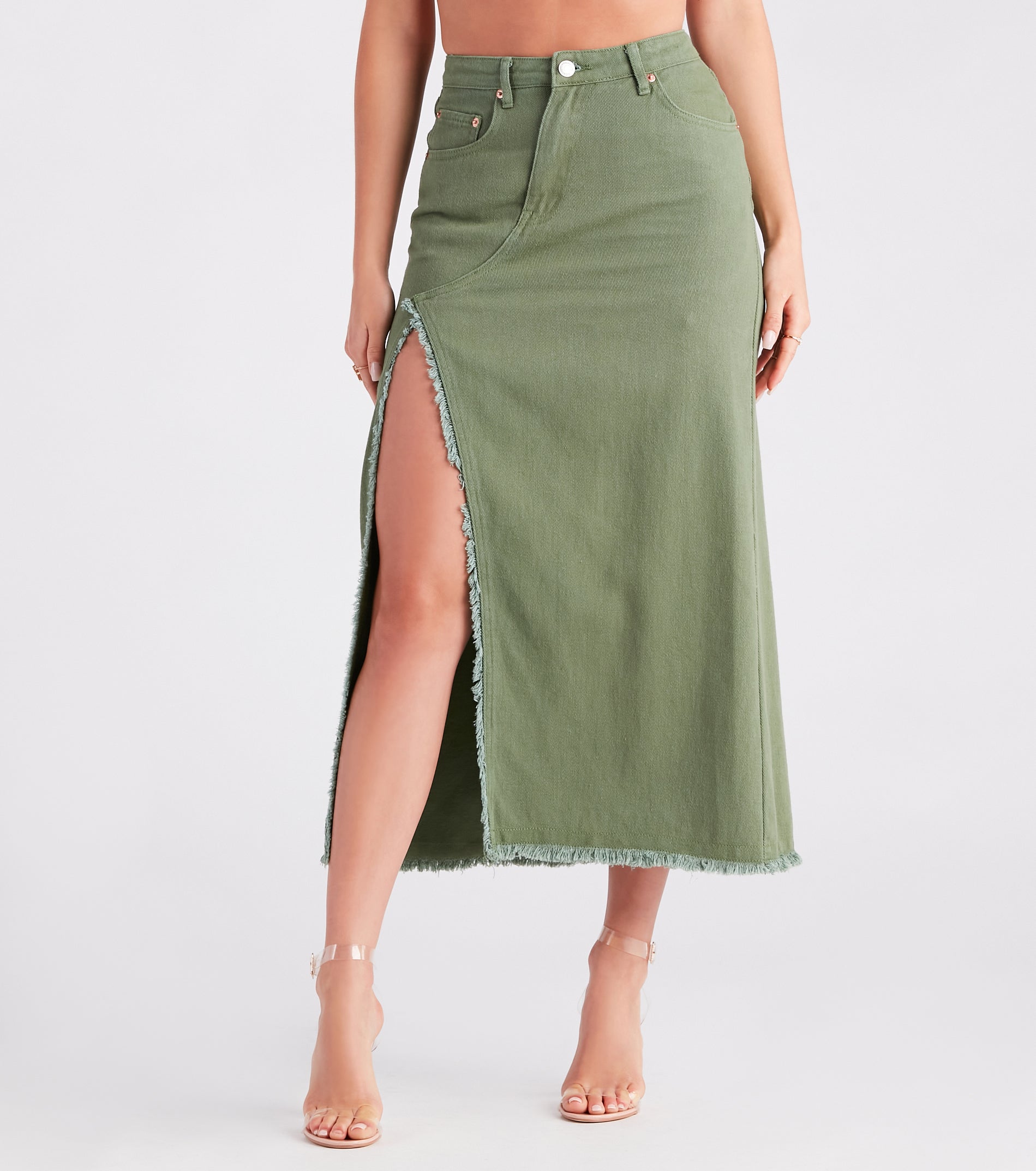 Babe In Denim High Slit Midi Skirt