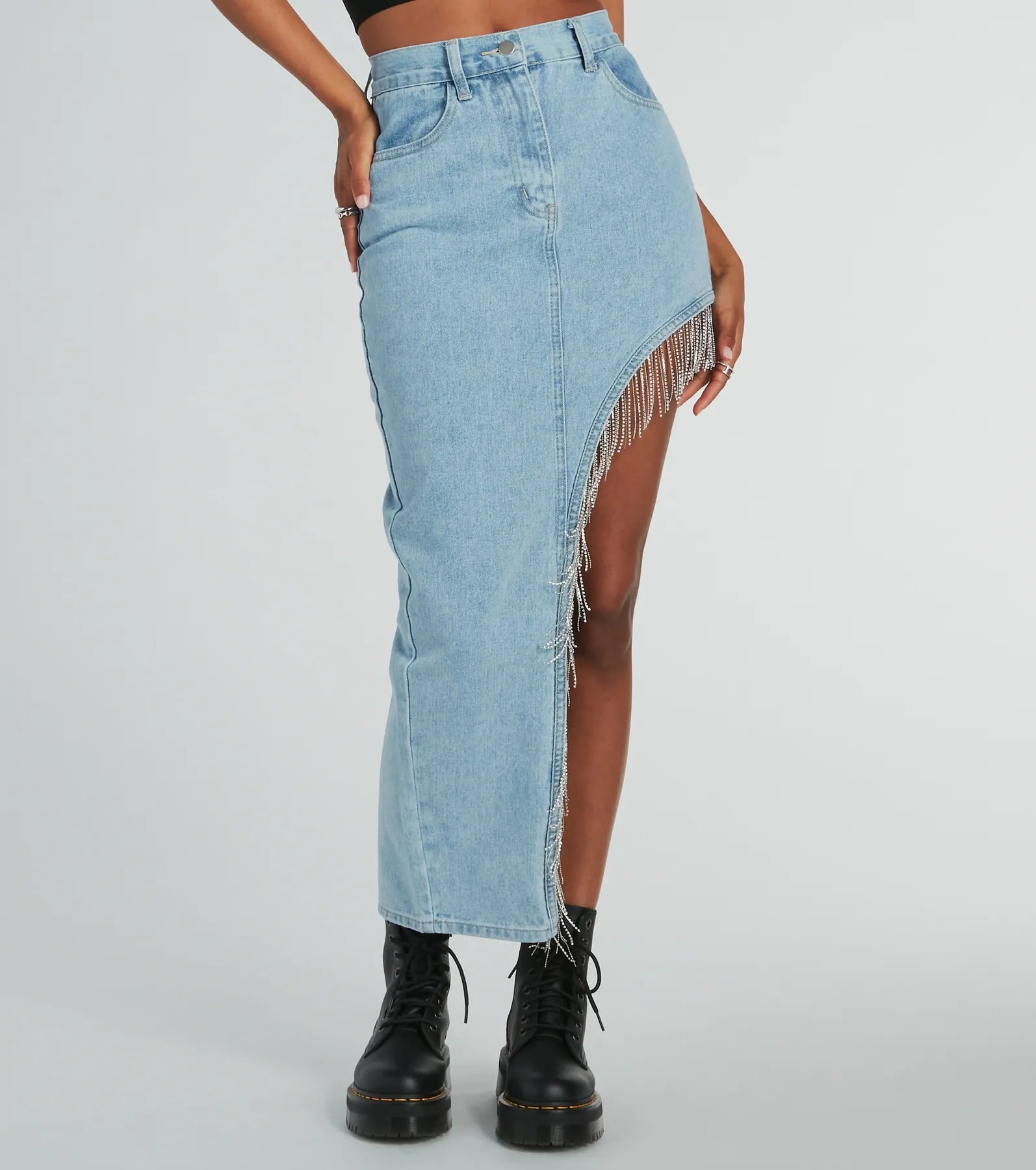 Glitzy Rhinestone Fringe High Slit Denim Maxi Skirt