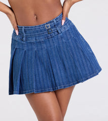 Treat Yourself Mid-Rise Pleated Denim Mini Skirt