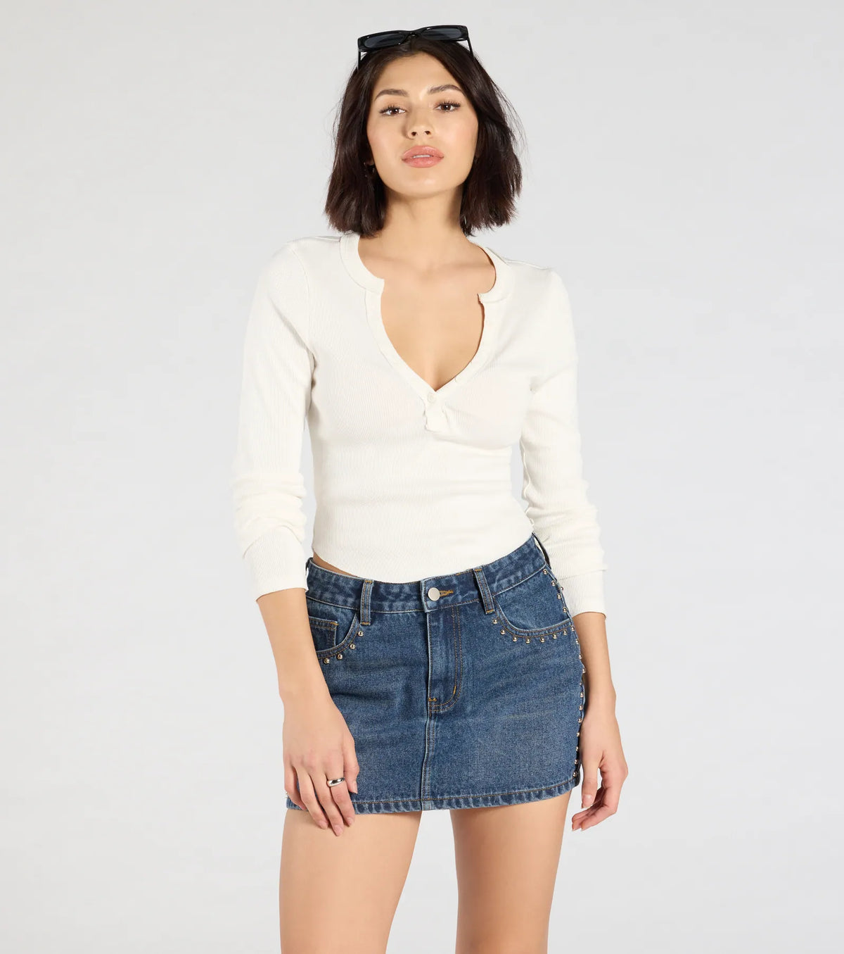 Tell Me About It Stud Mid Rise Denim Mini Skirt