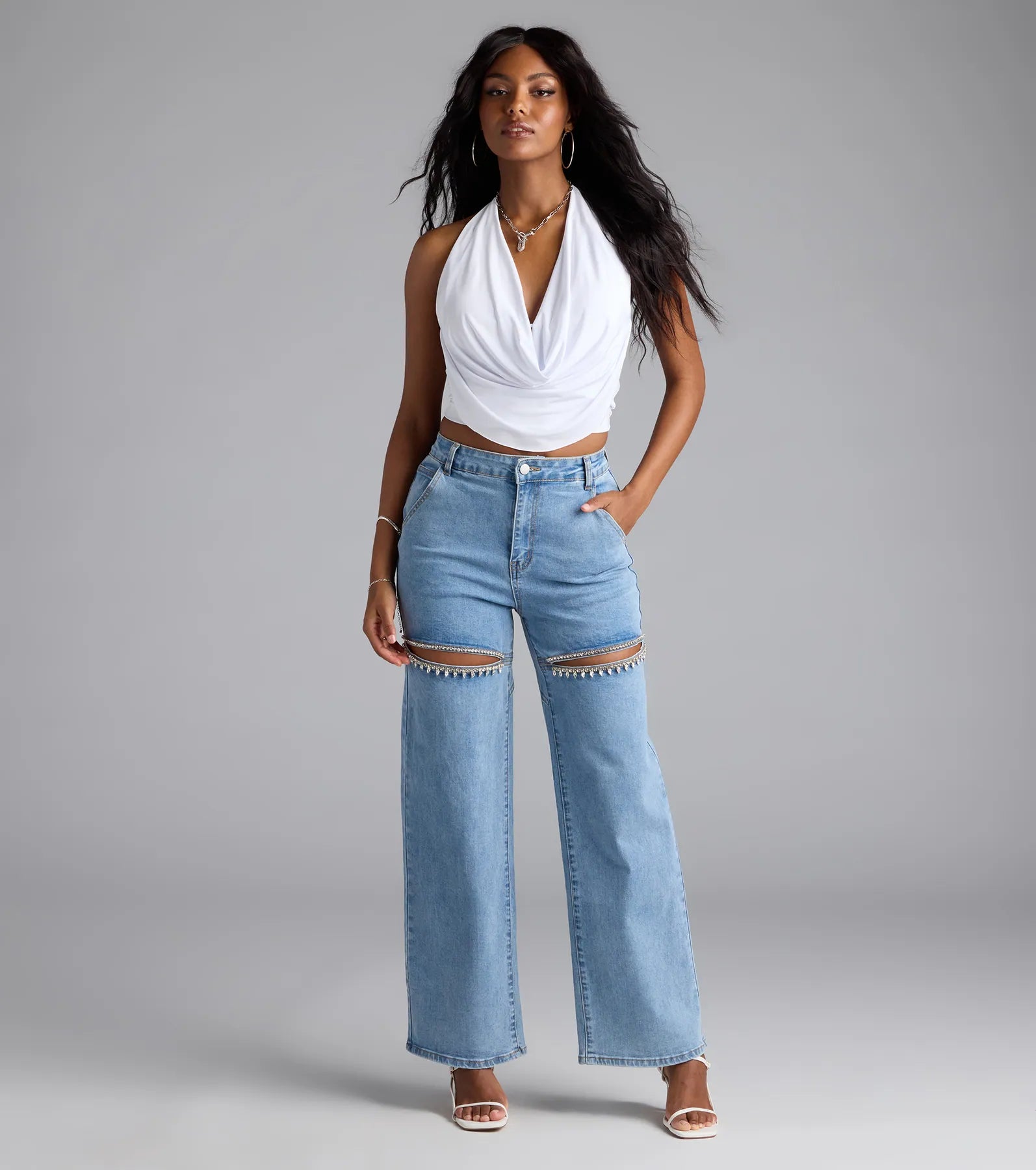 So Obsessed Rhinestone Cutout Straight Leg Denim Jeans