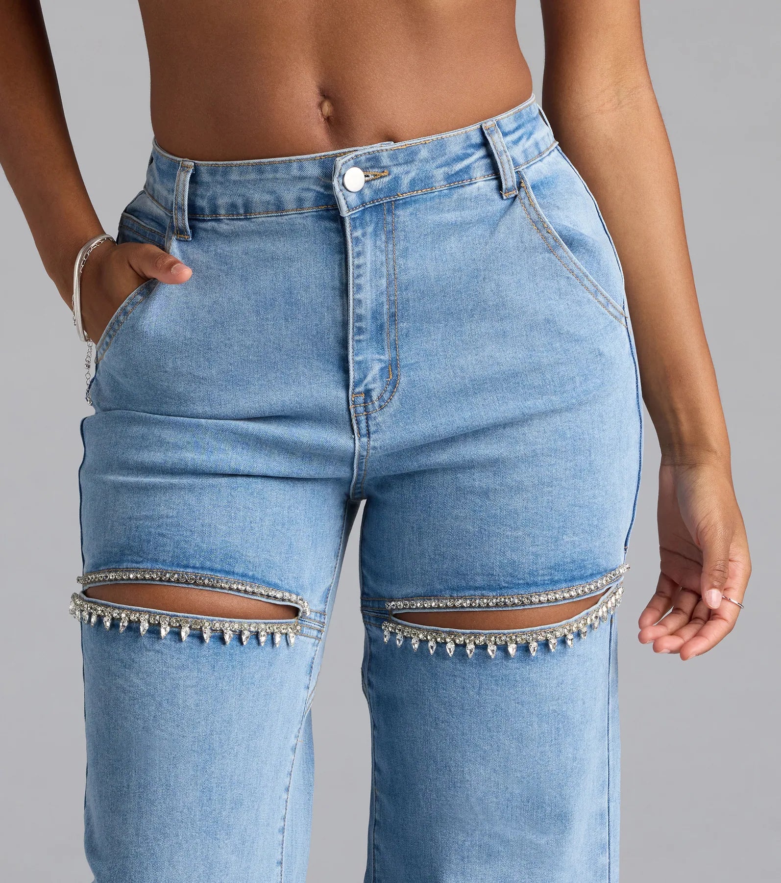 So Obsessed Rhinestone Cutout Straight Leg Denim Jeans