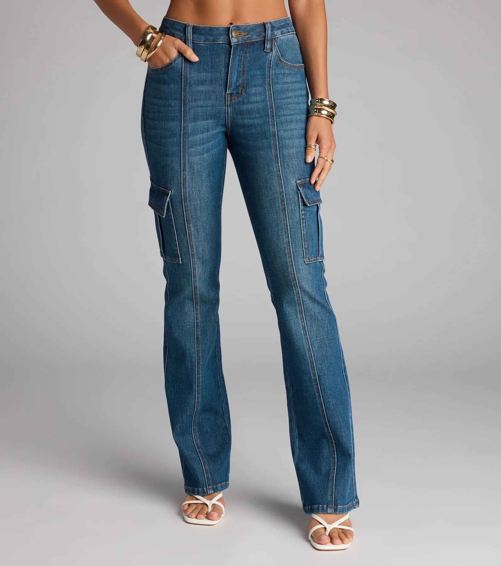 Cool Girl Cargo Mid Rise Flare Denim Jeans