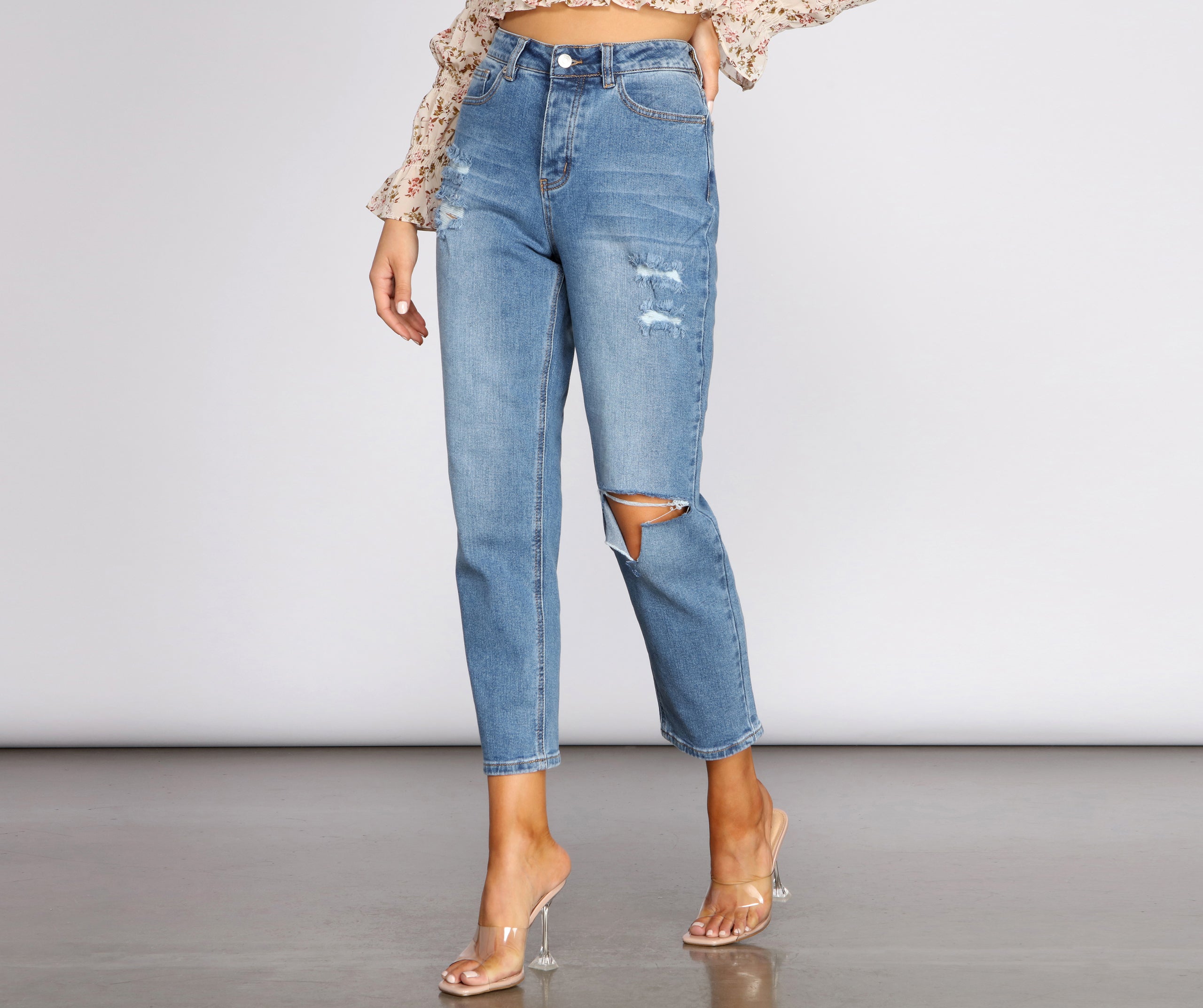 High Rise Destructed Straight Leg Jeans
