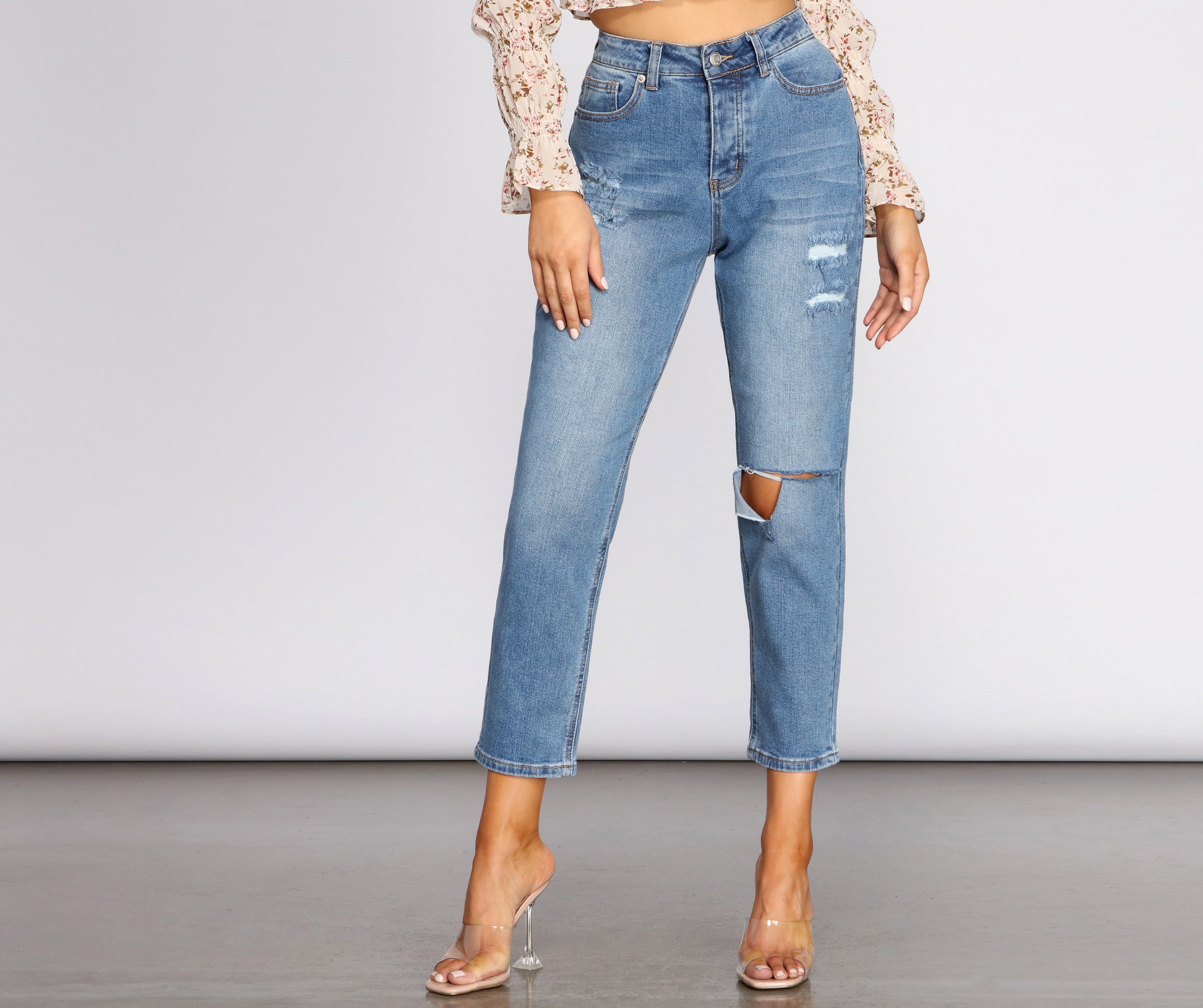 High Rise Destructed Straight Leg Jeans
