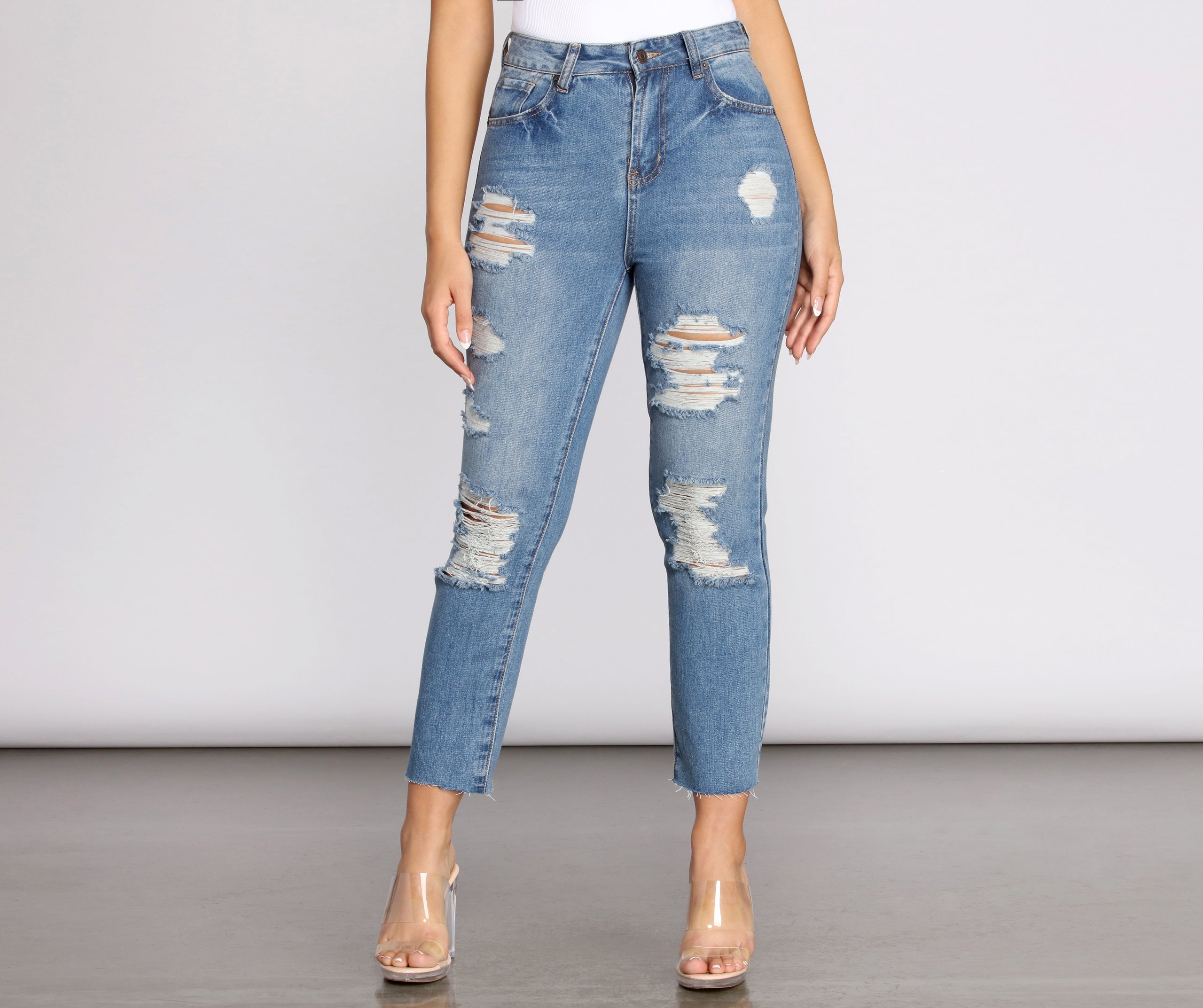 High Rise Straight Leg Destructed Denim Jeans