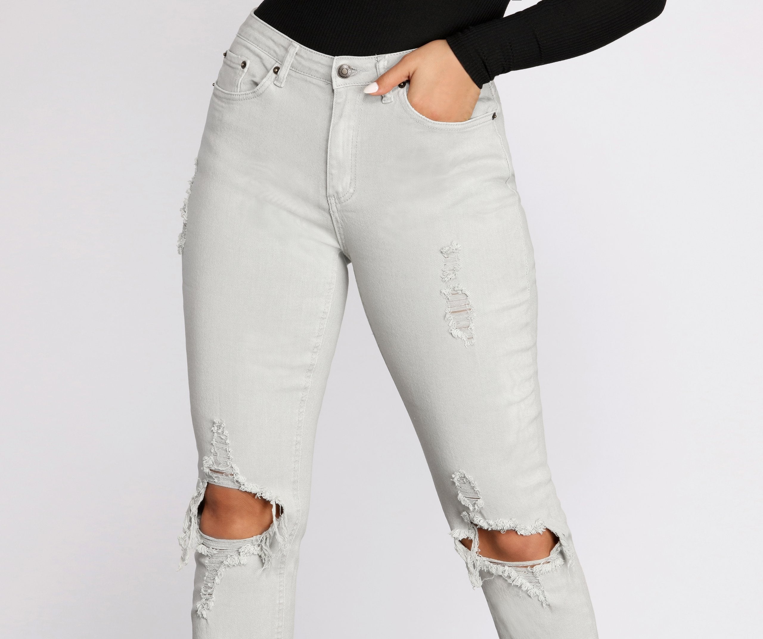 High Waist Distressed Denim Pants