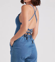 So Major Halter Lace-Up Denim Jumpsuit