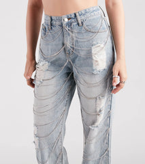 Glitzy Icon Rhinestone Draped Straight-Leg Jeans