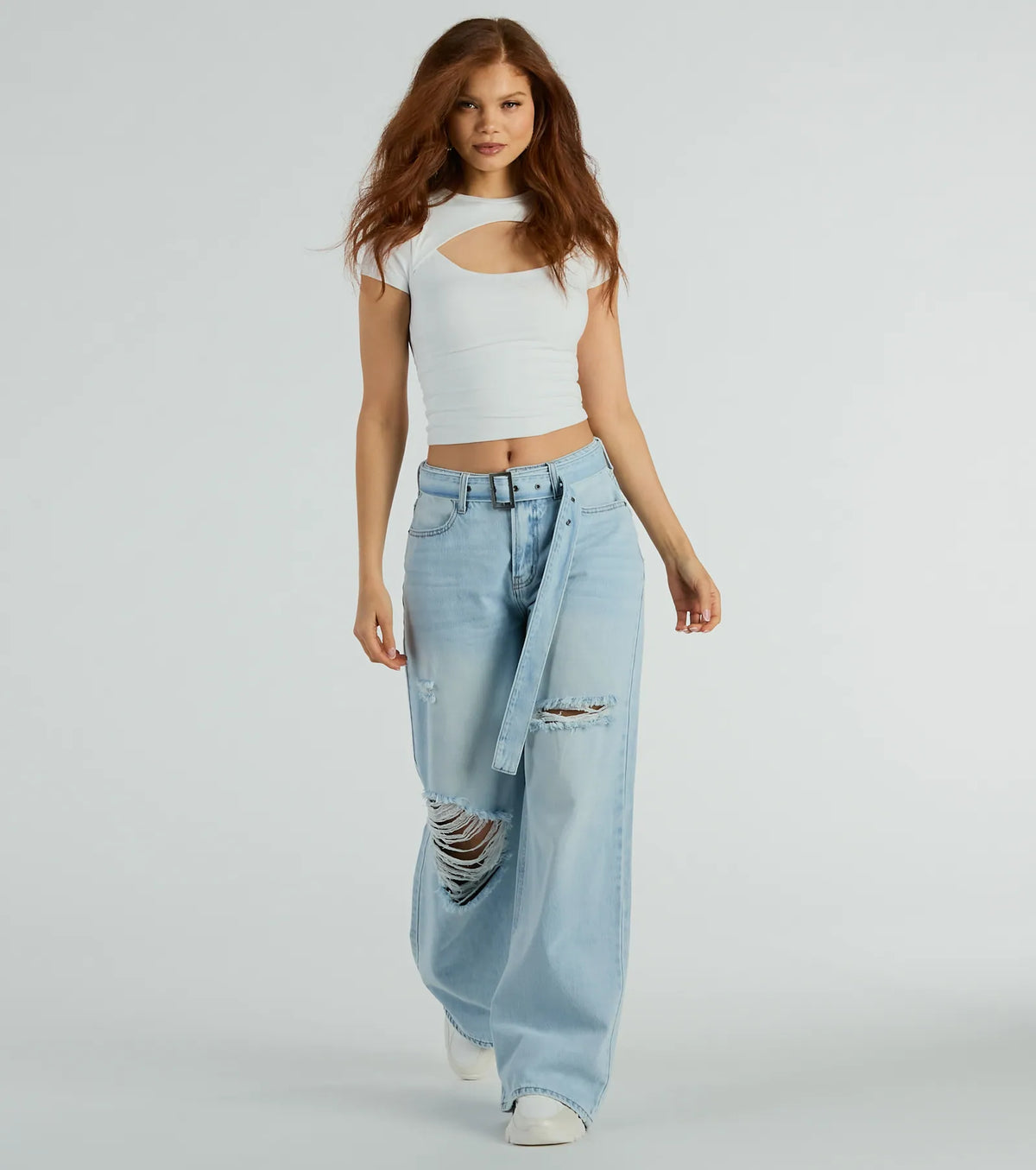 Cool Vibes High-Rise Belted Destructed Wide-Leg Jeans