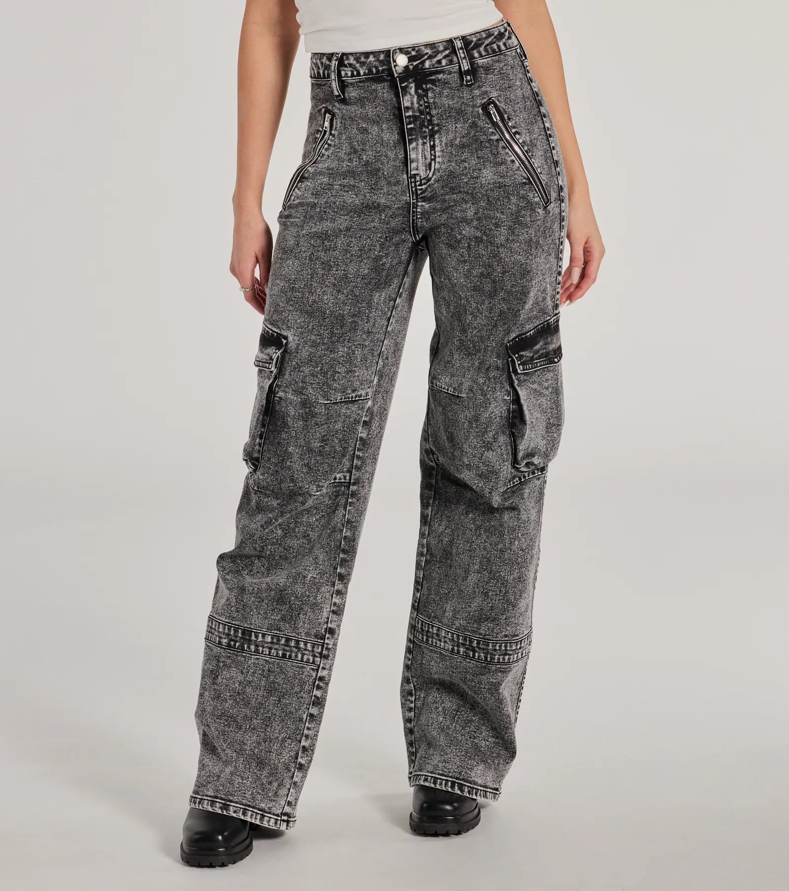 On-Trend High-Rise Cargo Acid Wash Jeans