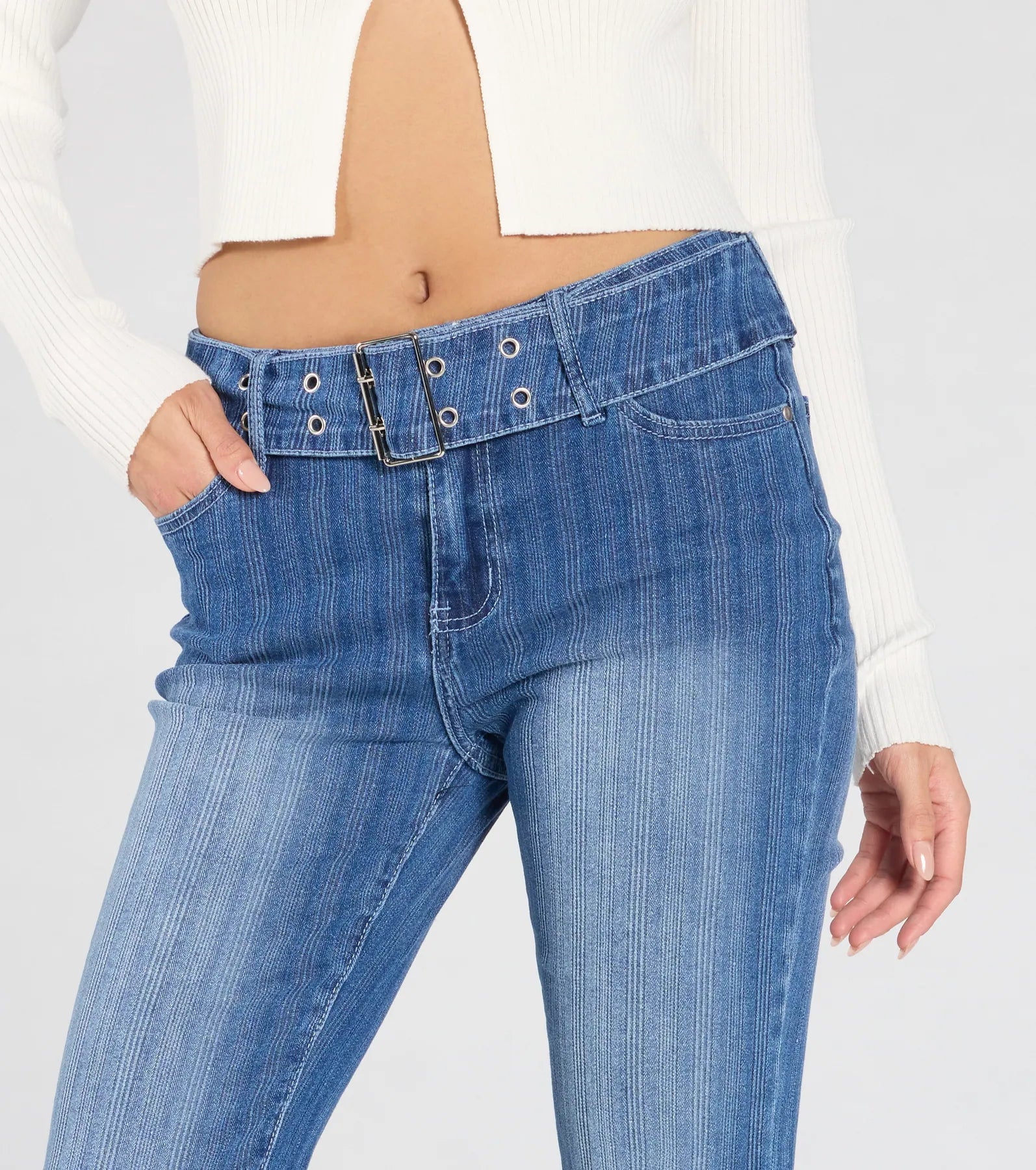 All Time Cute Mid-Rise Belted Flare Denim Jeans