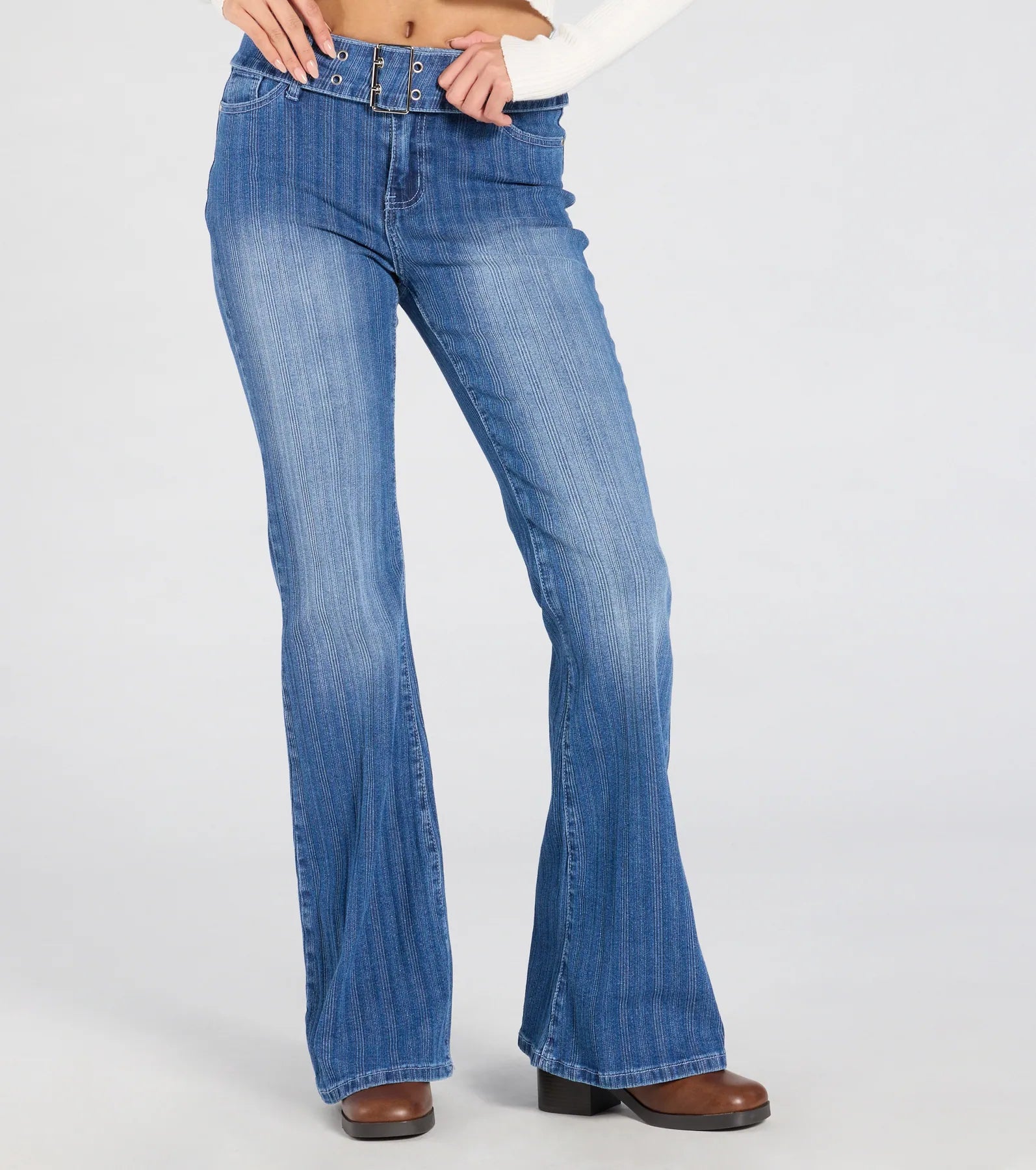All Time Cute Mid-Rise Belted Flare Denim Jeans