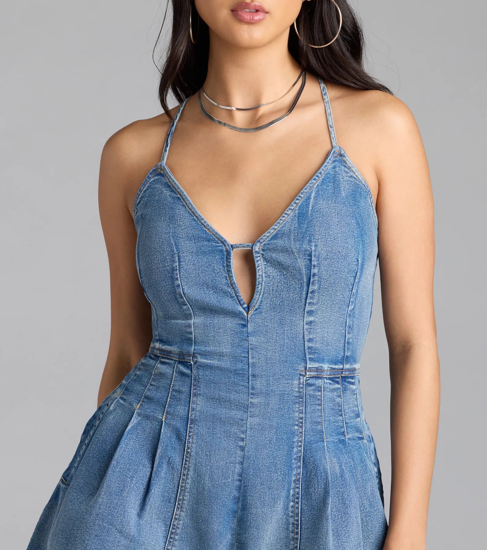 Little Miss Charming Strappy Back Denim Romper