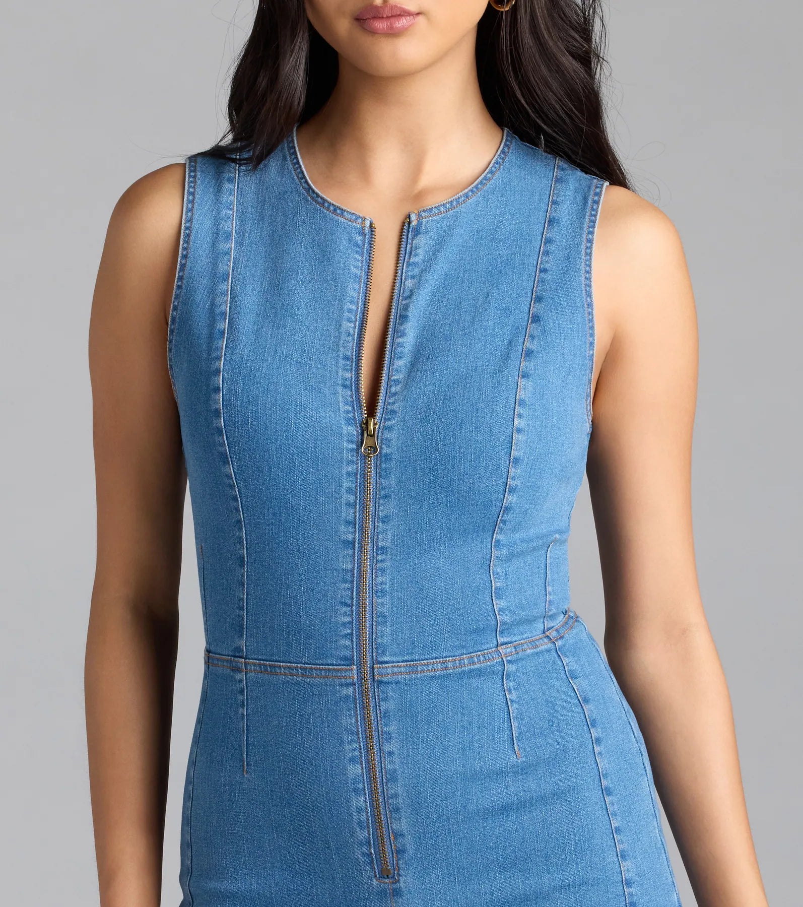 Doing The Most Sleeveless Zip-Up Denim Romper
