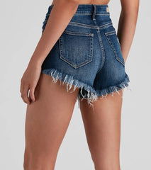 On Edge High Rise Fray Denim Shorts