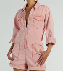 Road Trippin' Long Sleeve Cuffed Acid Denim Romper