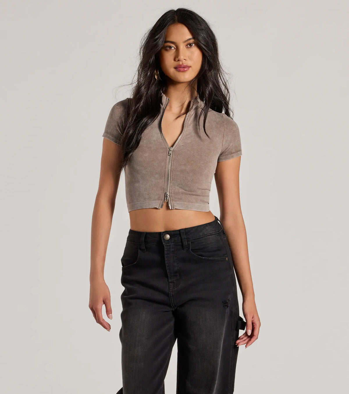 Trending Vibe Short Sleeve Zip Up Crop Top