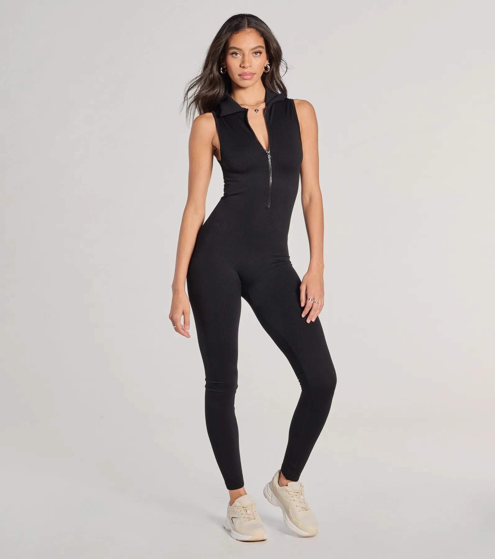 Off Duty Chic Sleeveless Collared Zip-Up Catsuit