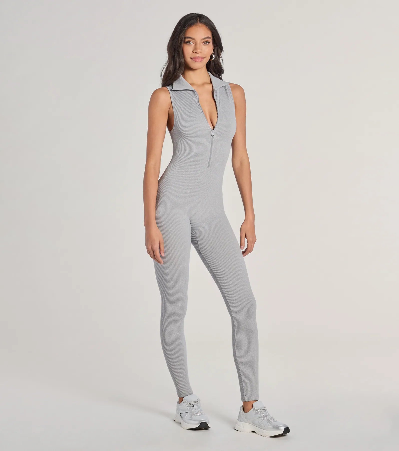 Off Duty Chic Sleeveless Collared Zip-Up Catsuit