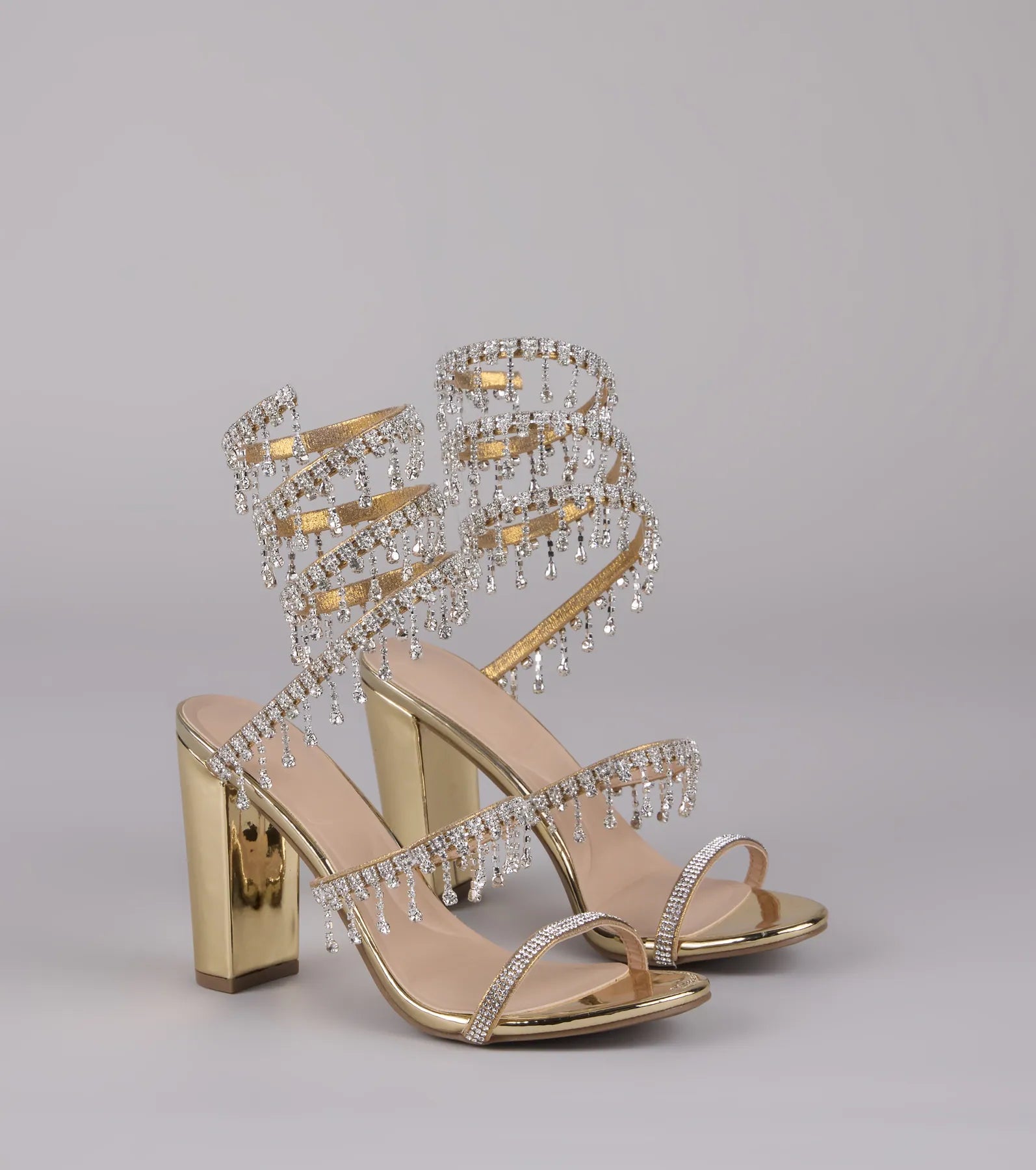 Keep It Gorgeous Rhinestone Spiral Block Heels