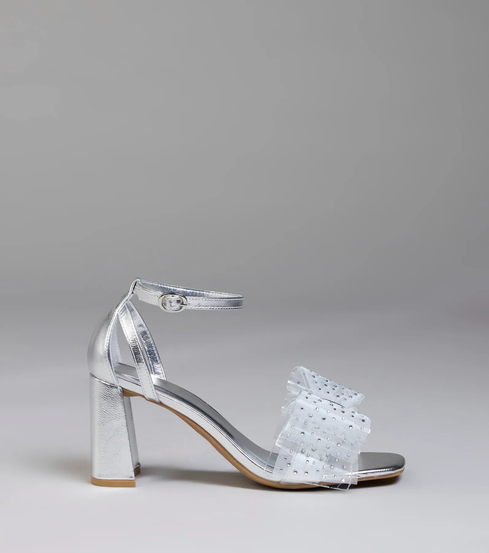 Fancy Looks Rhinestone Bow Metallic Block Heels