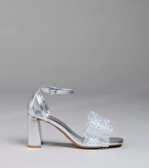Fancy Looks Rhinestone Bow Metallic Block Heels