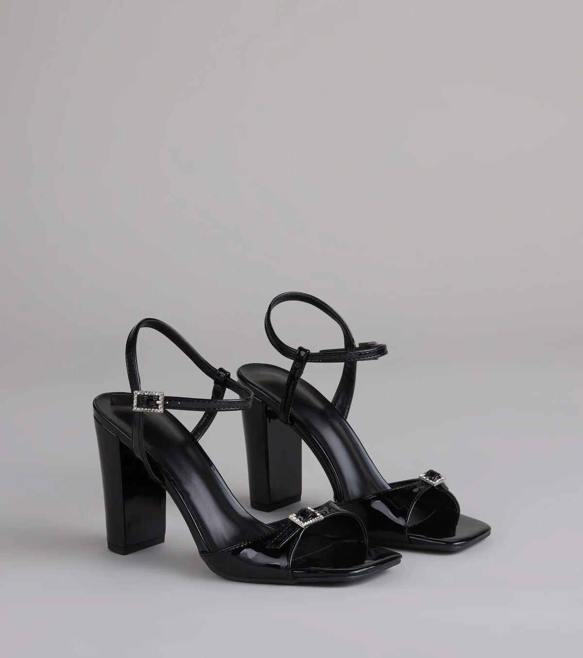 Booked And Busy Rhinestone Buckle Block Heels